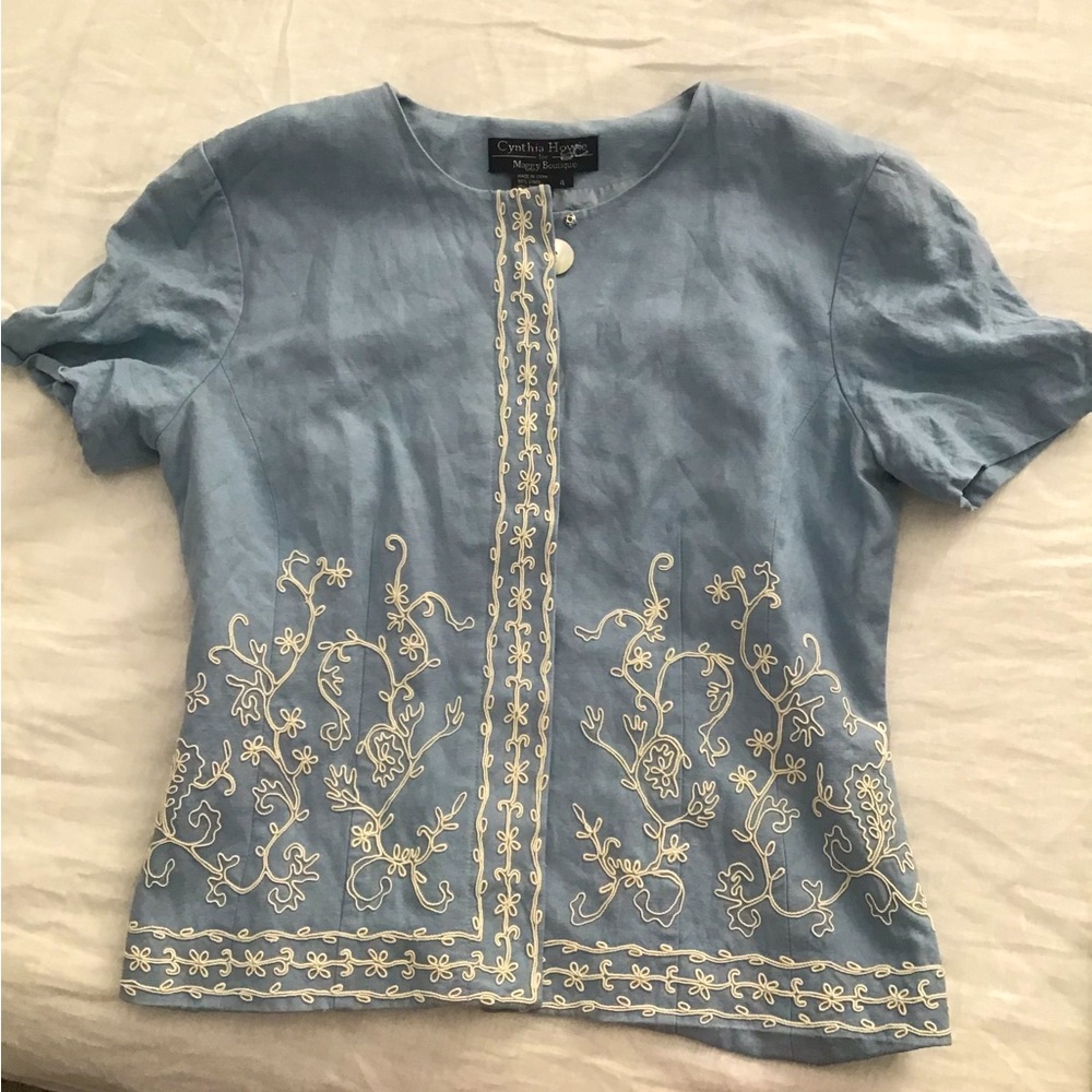Linen embroidered top, jacket, blouse, 4, Cynthia Howie, blue